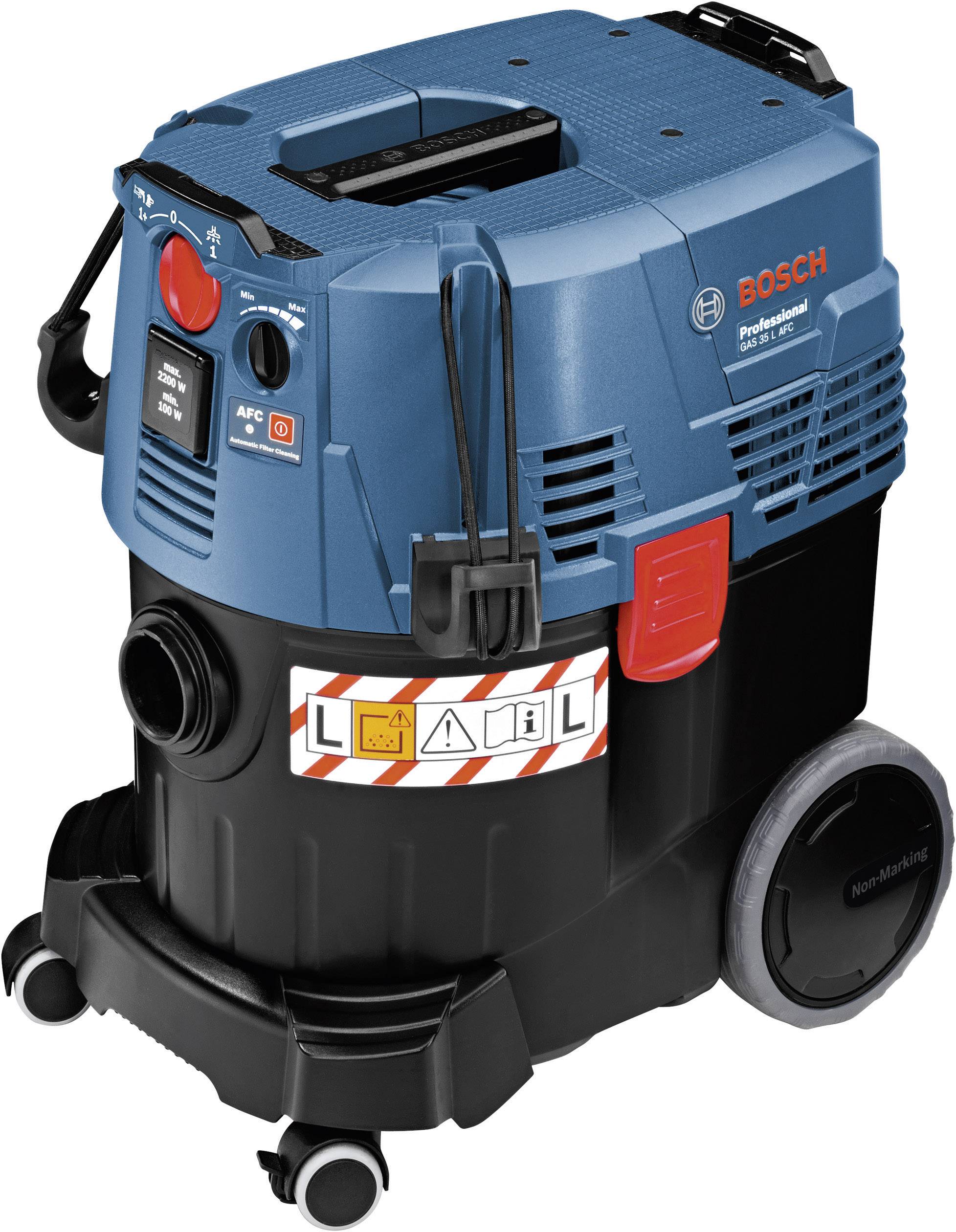 Industrial vacuum cleaner with a blue casing, marked with 'BOSCH', fitted with wheels, red buttons and safety warnings.