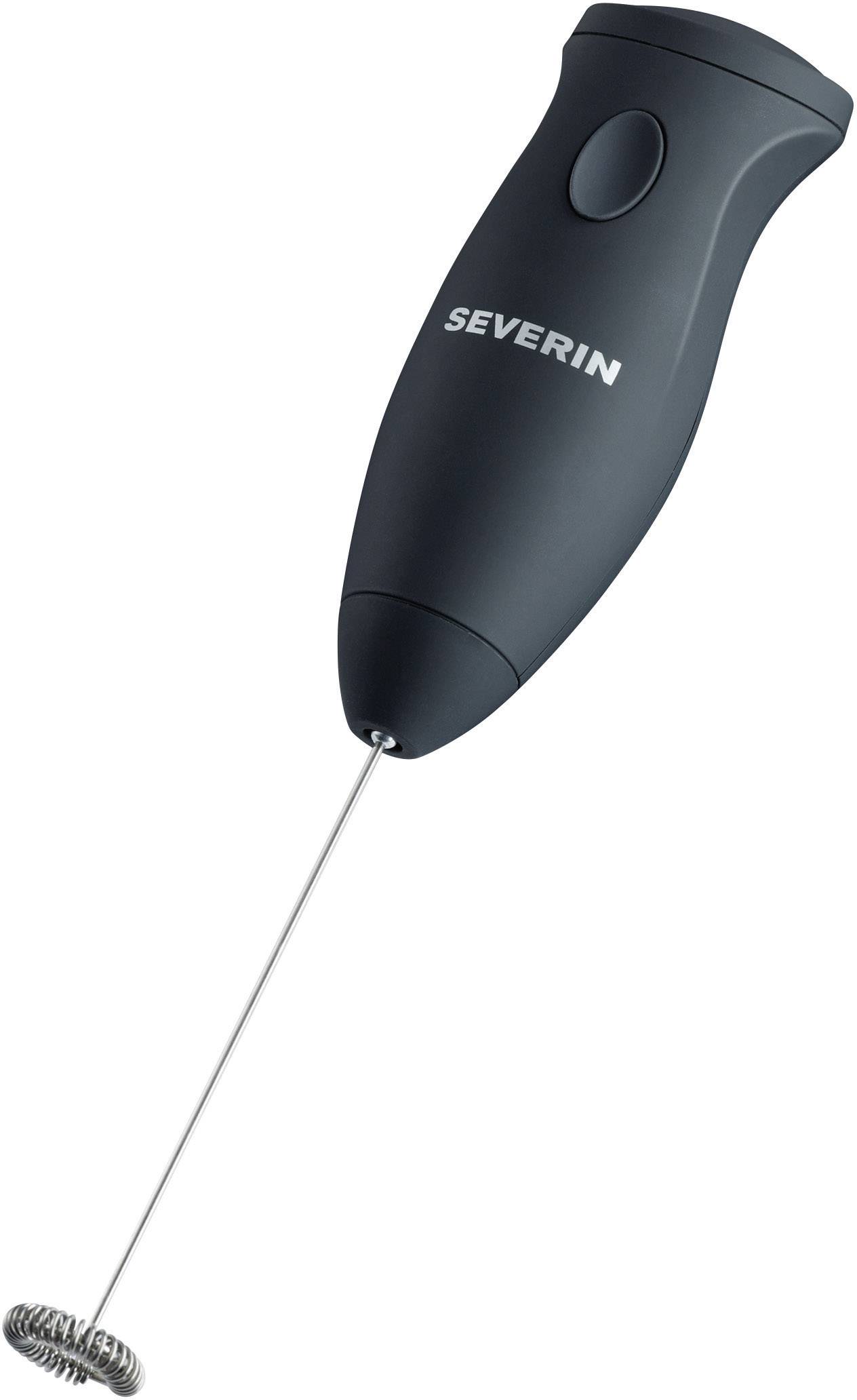 Black electric milk frother with a long, slender stainless steel wand and rotating whisks. Perfect for cappuccino or latte.