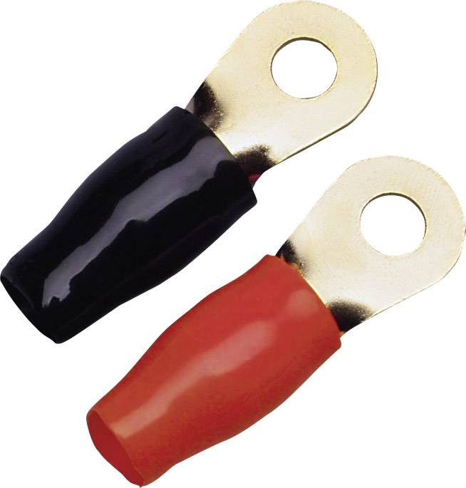 Two cable lugs, one black and one red, with metal eyelets for connecting electrical cables.