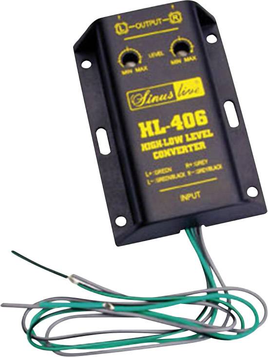 'Linus line HL-406' High/Low Level Converter with controls for tone level adjustment, black box with cables at the bottom.