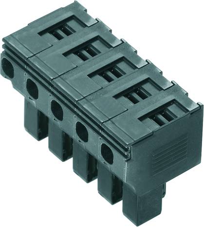 Black electrical terminal block with five connection slots, suitable for connecting multiple wires in a circuit.