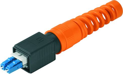 An orange protective sleeve with a blue LC-duplex connector at the end, used for fibre optic cable connections.