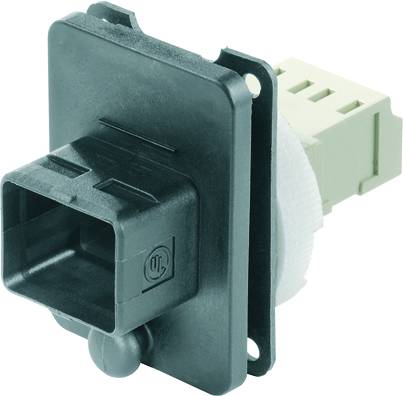 A square black plastic plug in a rectangular housing, likely for electronic connections.