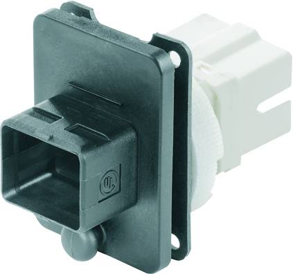 A square electrical connector with a black front panel and white housing, displaying a UL certification logo.