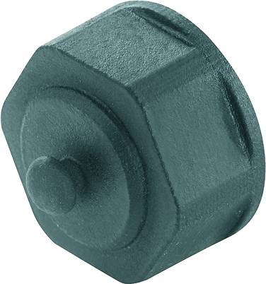 Hexagonal rubber buffer in dark grey, used as a shock absorber for mechanical applications.