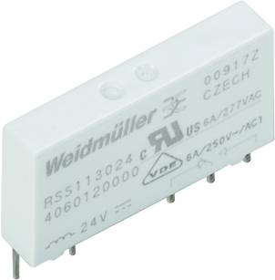 Weidmüller relay with inscription: 'RSS113024C', 'US6A/277VAC', '6A/250V~AC1', 'CZECH'. White surface with connection pins.