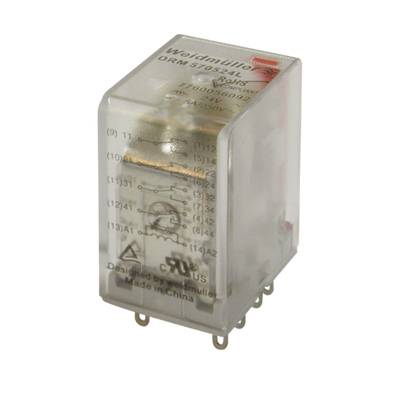 A transparent Weidmüller relay module DRM 570024 with electrical contacts and technical information on the surface.