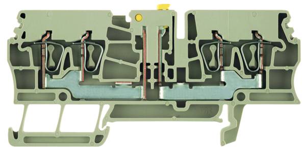 Cross-section of a terminal block module, showing internal structure with metallic conductors and plastic housing.