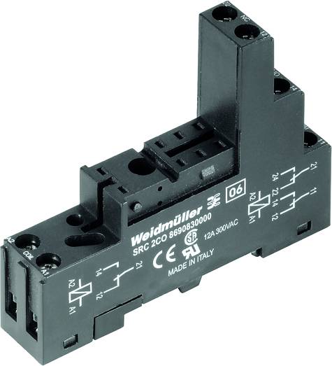 A black Weidmüller relay socket SRC 2CO with model numbers and electrical specifications printed on it.