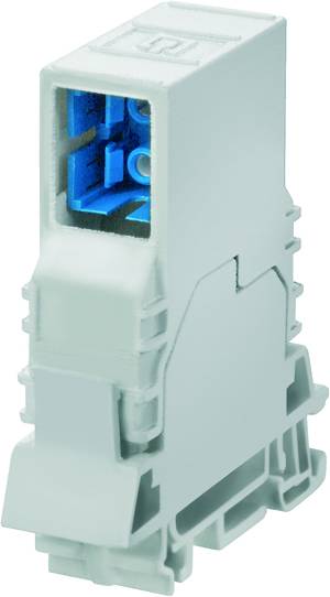 A grey, rectangular electrical component with a blue inner lining, mountable on a DIN rail, likely for control panels.