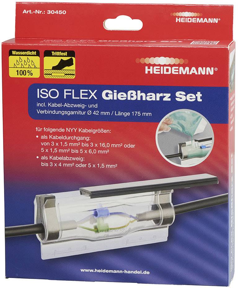 A packaging for the 'ISO FLEX Casting Resin Set'. Contains cable sleeves and connectors for cable sizes from 1.5 to 10 mm². Brand: Heidemann.