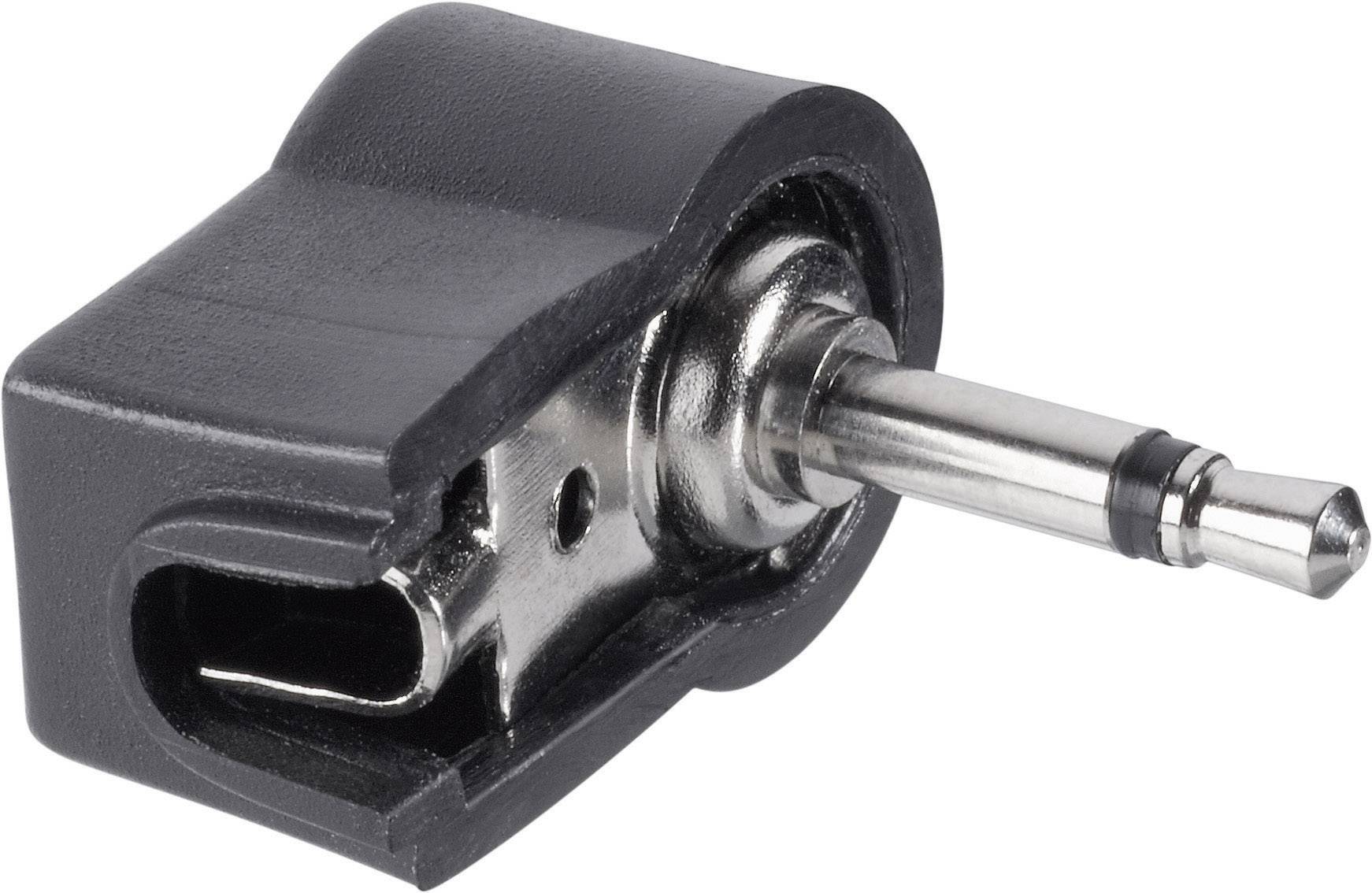 Black audio adapter with 3.5mm jack and rectangular plastic casing, designed for connecting audio devices.