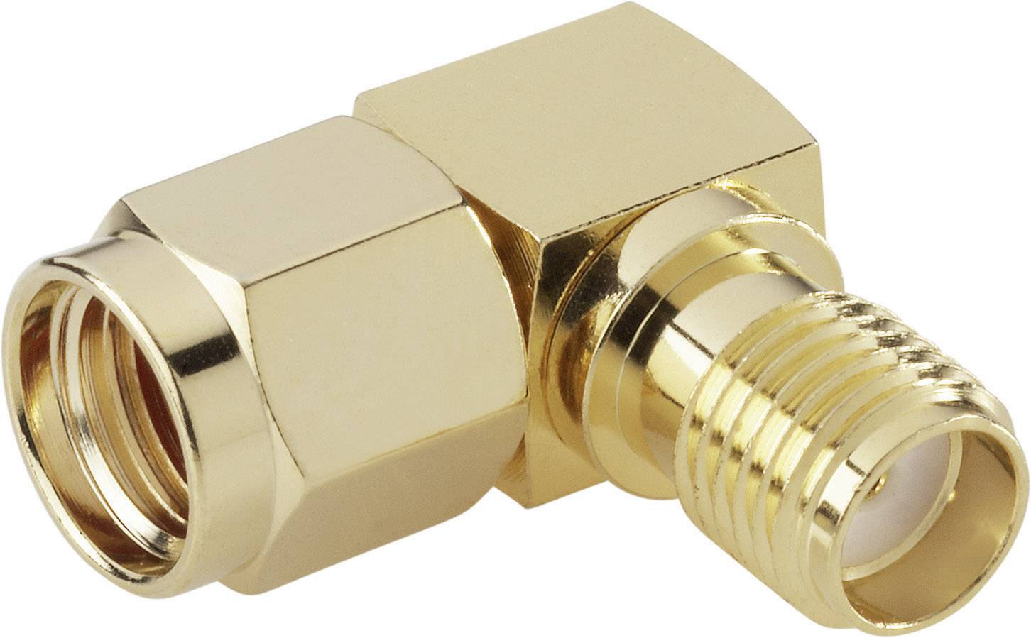 A golden right-angled adapter with two different connection types, suitable for technical connections or installations.