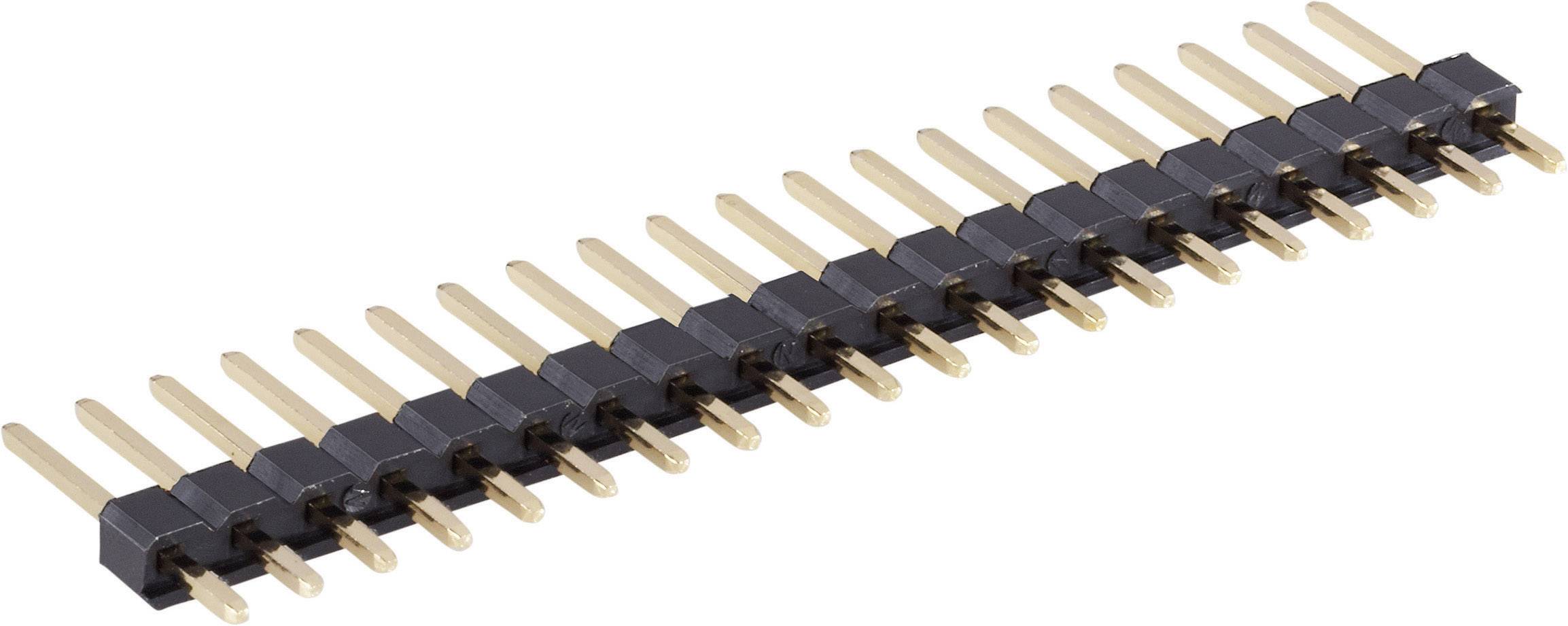 Row of pin headers in black and gold, used for electronic connections.