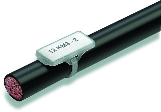 Black cable with a red core and a labelled, transparent clip '12 KM3-2'. The clip efficiently holds multiple cables together.