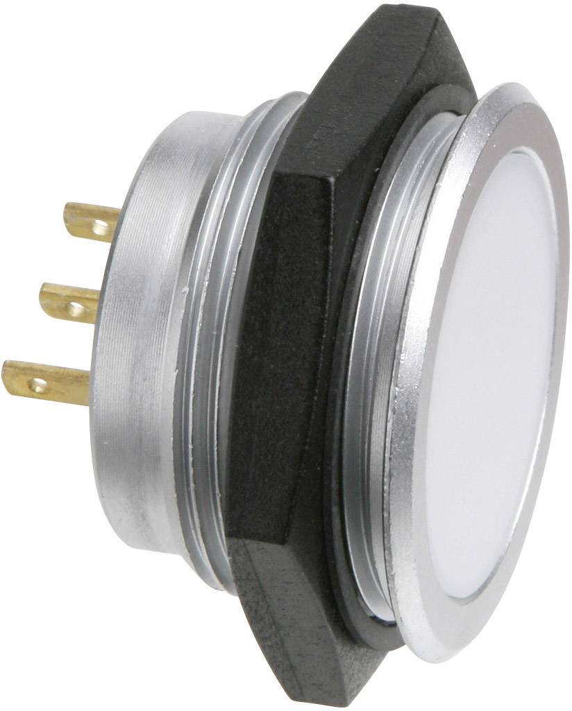 A rotary switch with a metal frame and four golden terminals. The switch has a white, round actuating button.