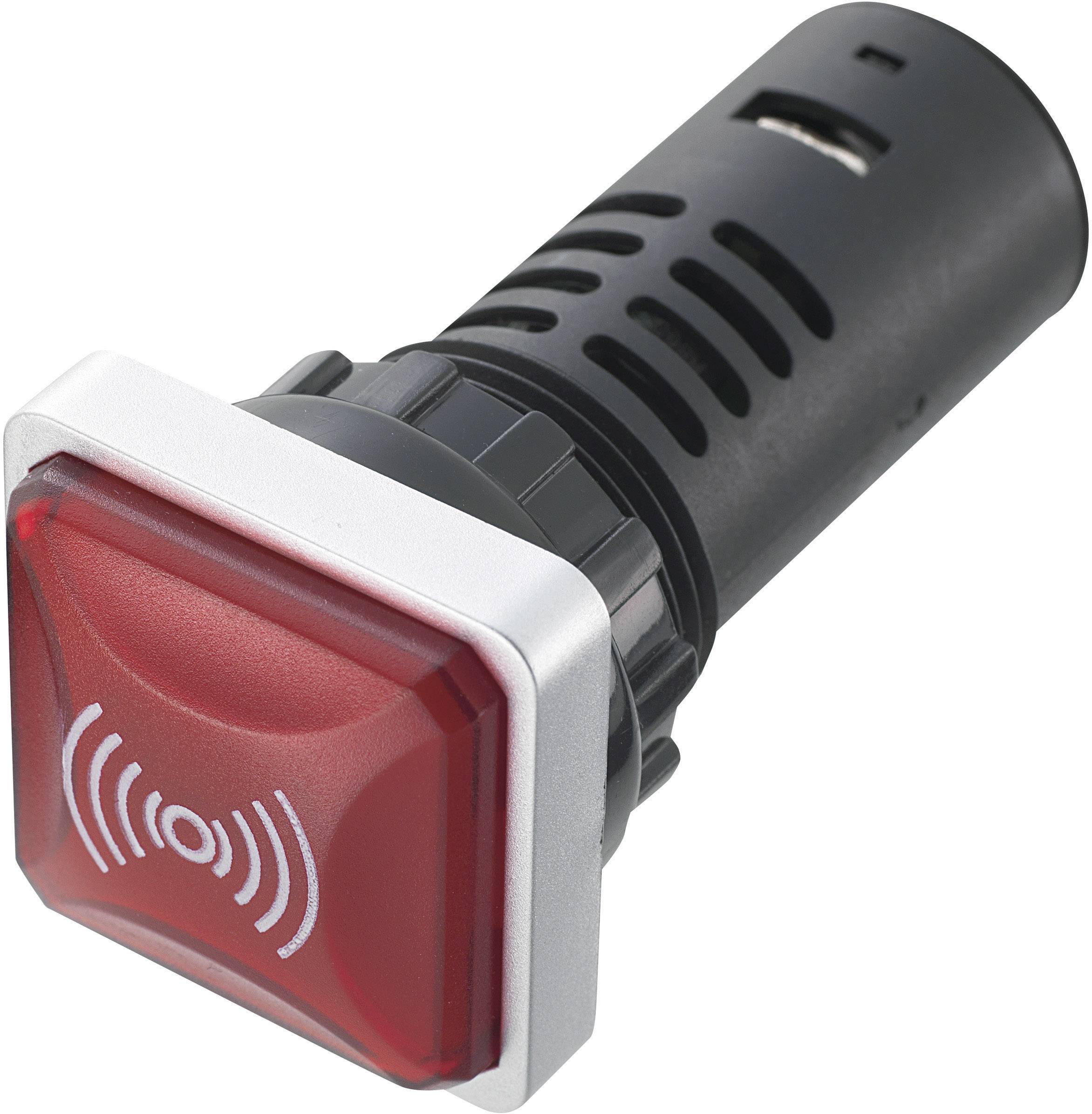 Red square button with iconic radio signal. Silver border and black cylindrical part in the background.