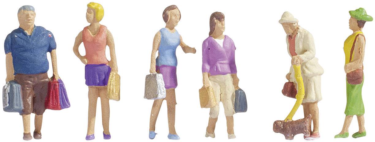 Six colourful miniature figures stand in a row, each representing different people with bags and a dog.