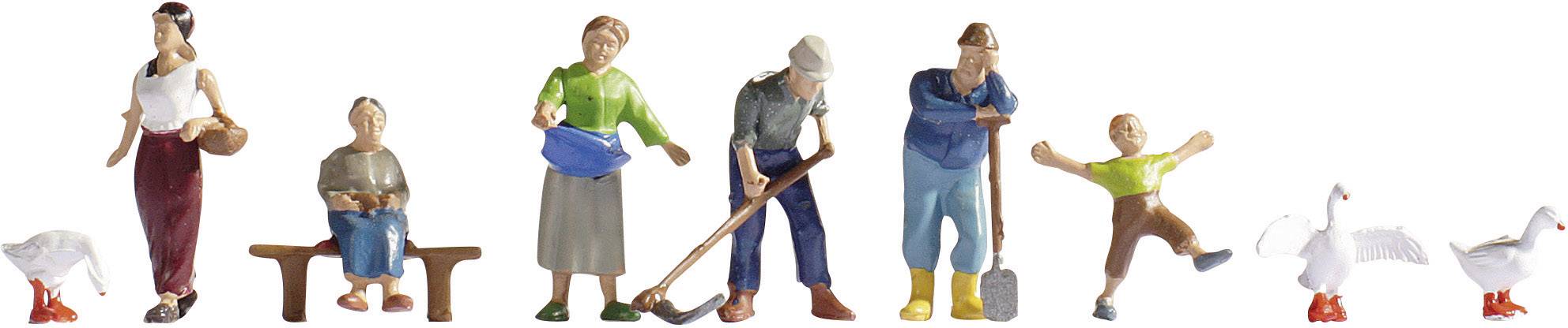 Small figures of people and geese in various poses. A woman is carrying a bag, a man is holding a shovel.