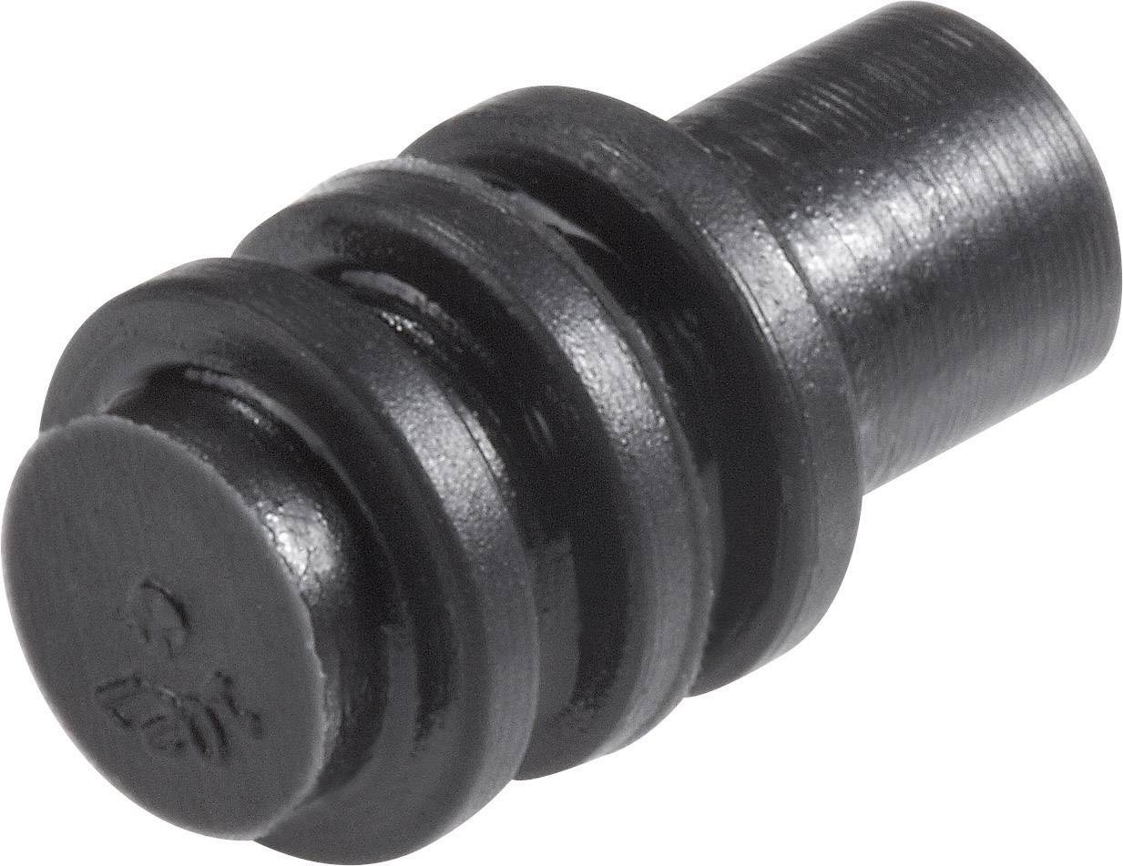 Black, cylindrical plastic component with multiple grooves and a flat cap. Potentially a mechanical part or connector piece.