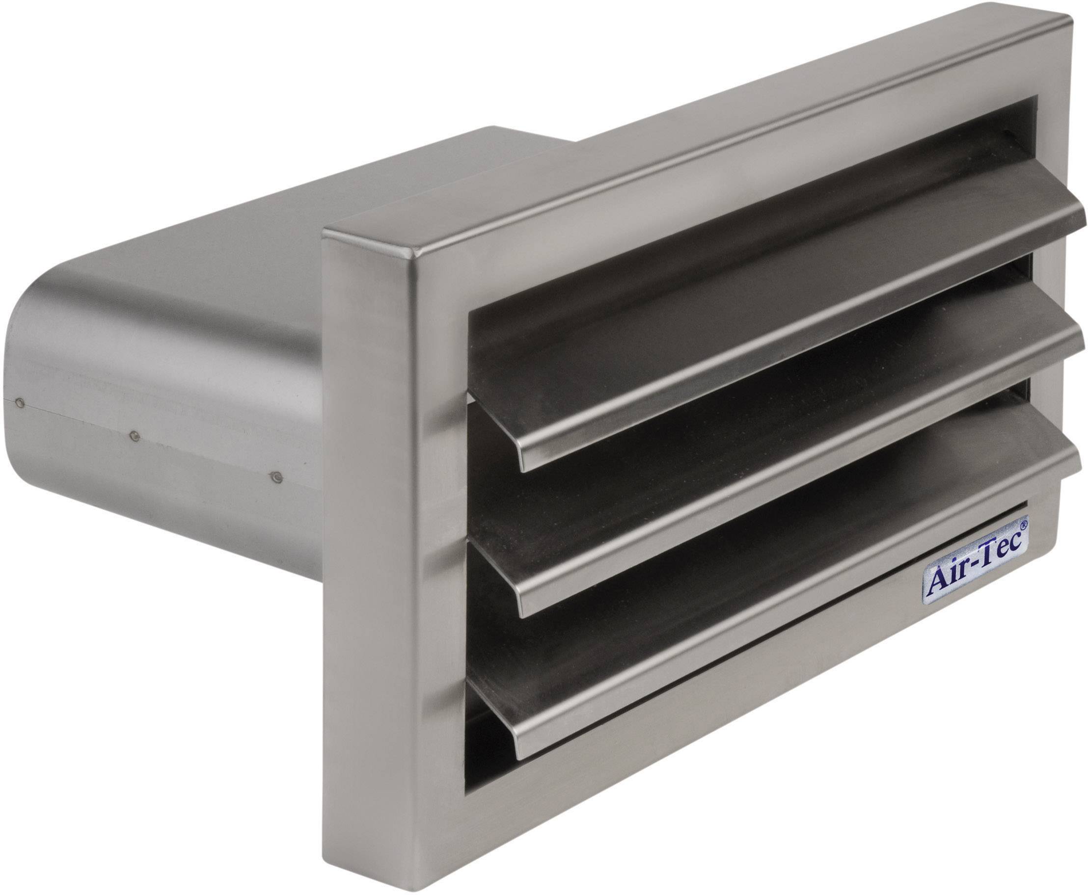 Stainless steel industrial ventilation unit with three horizontal ventilation louvres, mounted on a rectangular housing.
