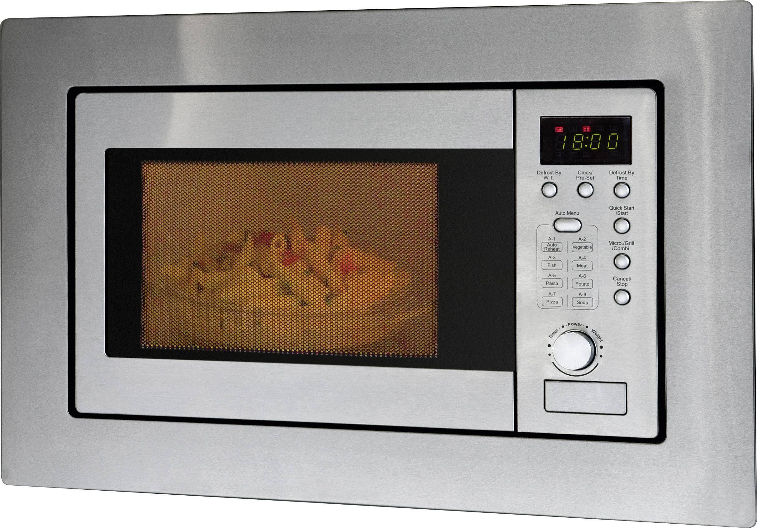 Silver microwave with digital display and control panel, containing a tray of food set for 18:00 minutes heating time.