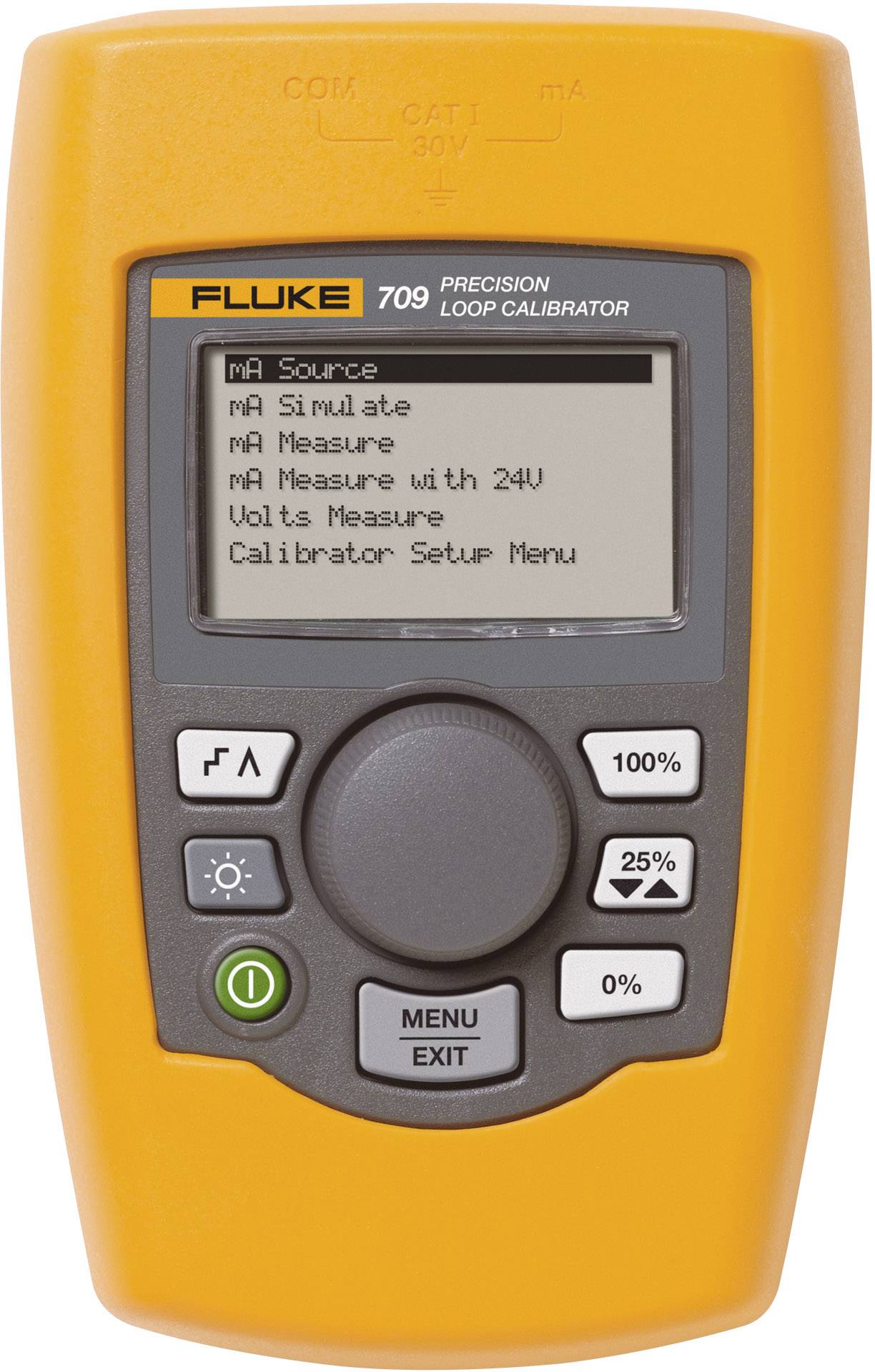 An orange Fluke 709 precision calibrator with display shows options for current measurement and simulation. Controls are located underneath.