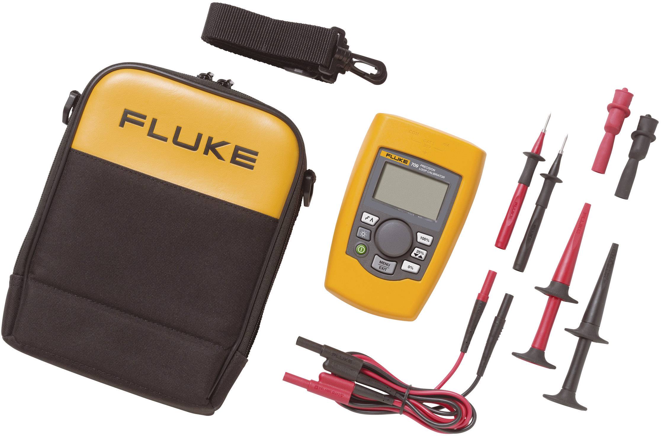 A yellow multimeter with accessories, including cables and test probes, beside a black case with the 'Fluke' inscription.