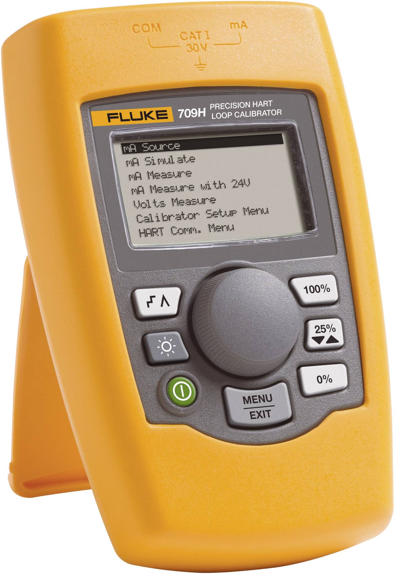 A yellow Fluke 709H precision HART loop calibrator with a display showing various functions and measurement options.