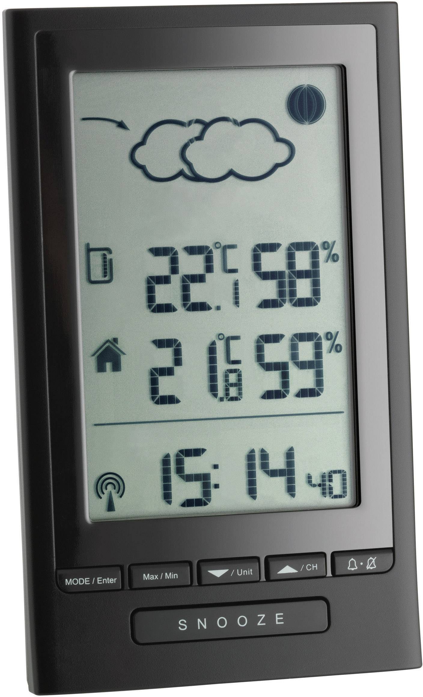 Black digital weather monitor: shows 22°C with 58% humidity, cloud symbol, room temperature 21°C, current time 15:14.