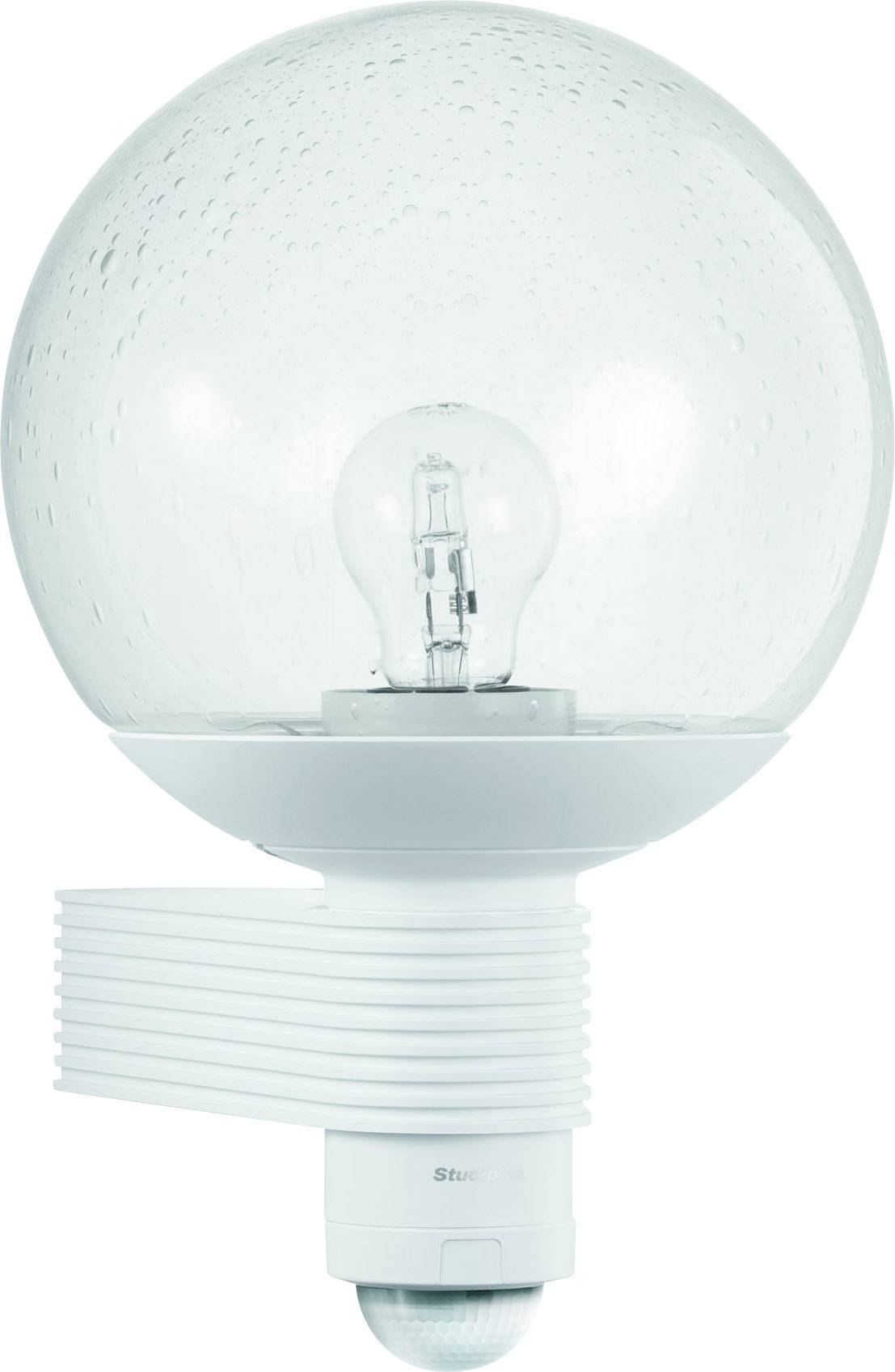 A round, transparent wall light with a large glass globe and a motion sensor mounted underneath. Ideal for exterior lighting.