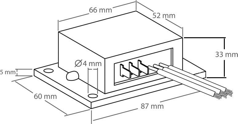 Gezeichnetes Diagramm eines rechteckigen elektrischen Anschlussmoduls mit Maßen: 87 mm x 66 mm x 33 mm. Zeigt Anschlussstifte und Kabel.