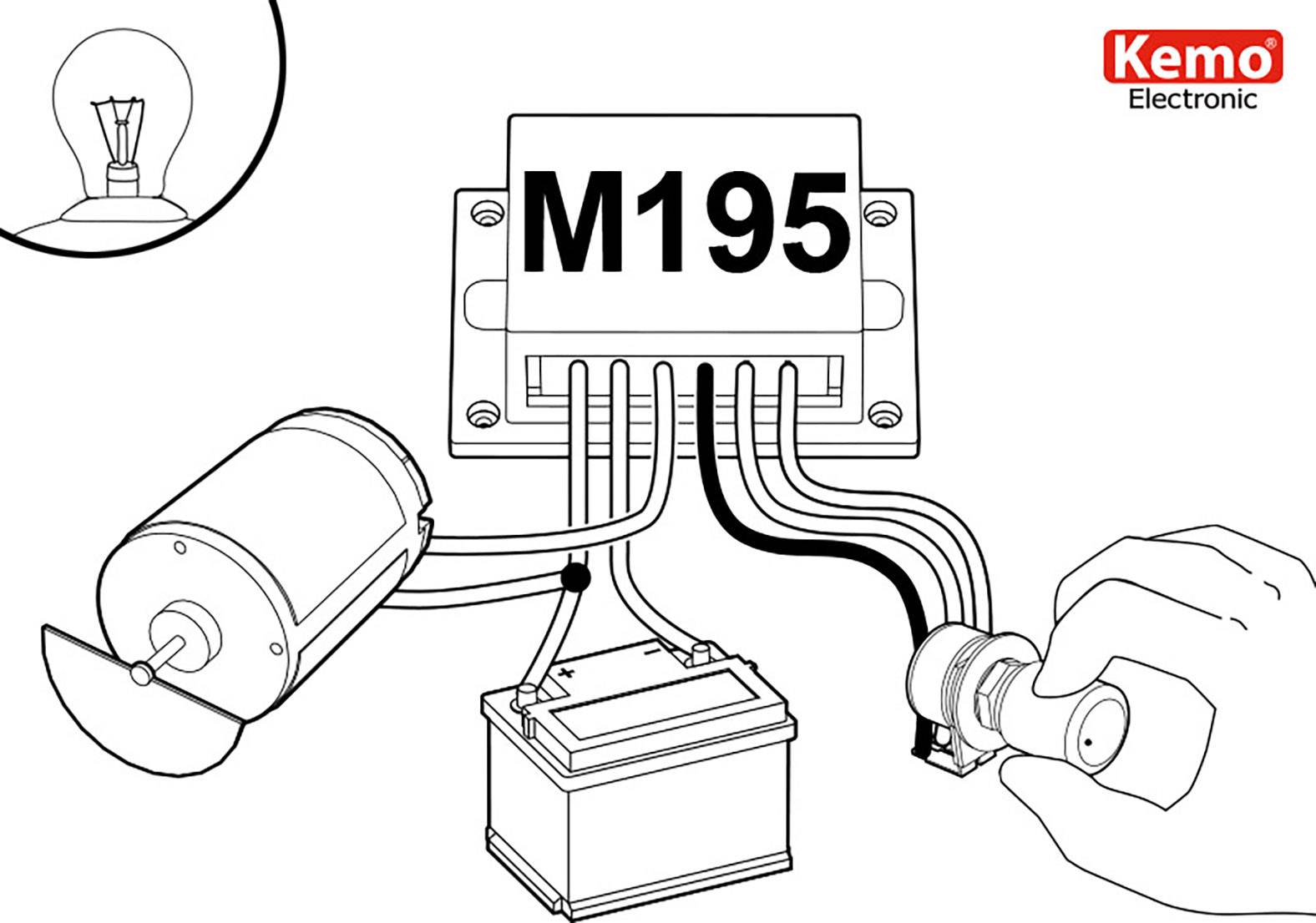 Schaltplan für M195-Modul von Kemo Electronic: Zeigt Anschluss von Motor, Batterie, Lampe und Drehknopf.