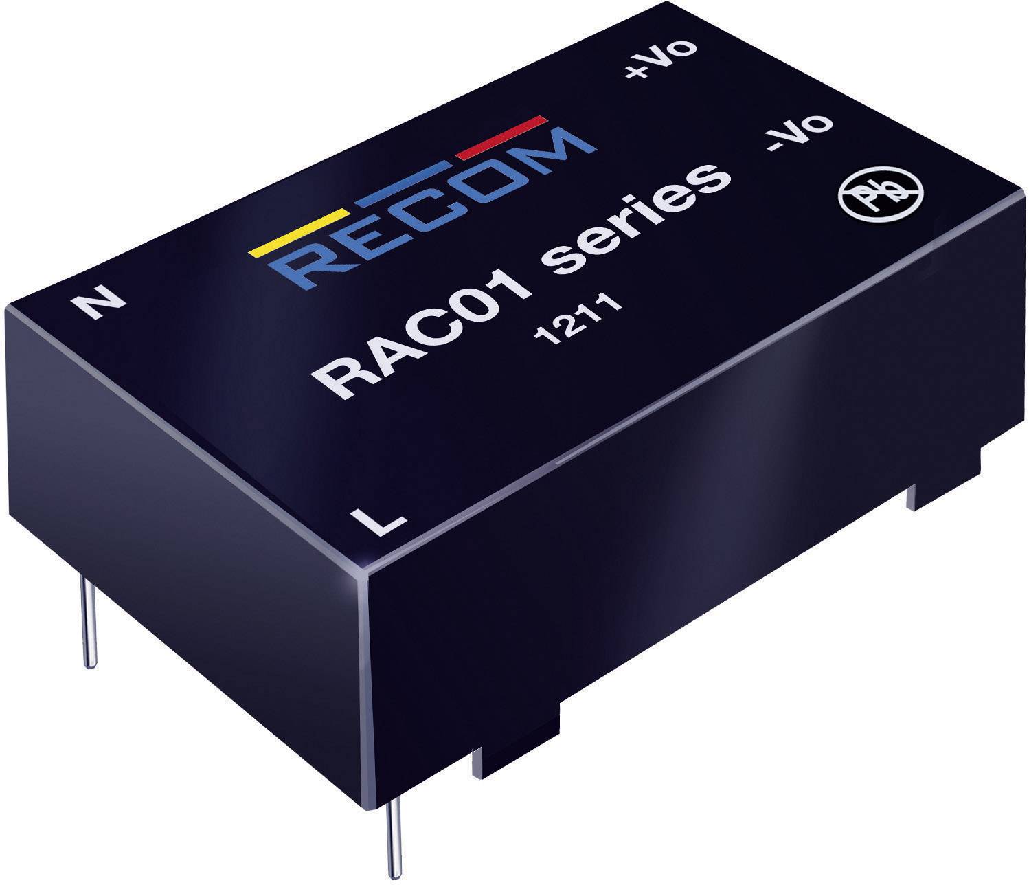 Black rectangular panel with the inscription 'RECOM RAC01 series'. Displays electronic component connections and polarity markings.