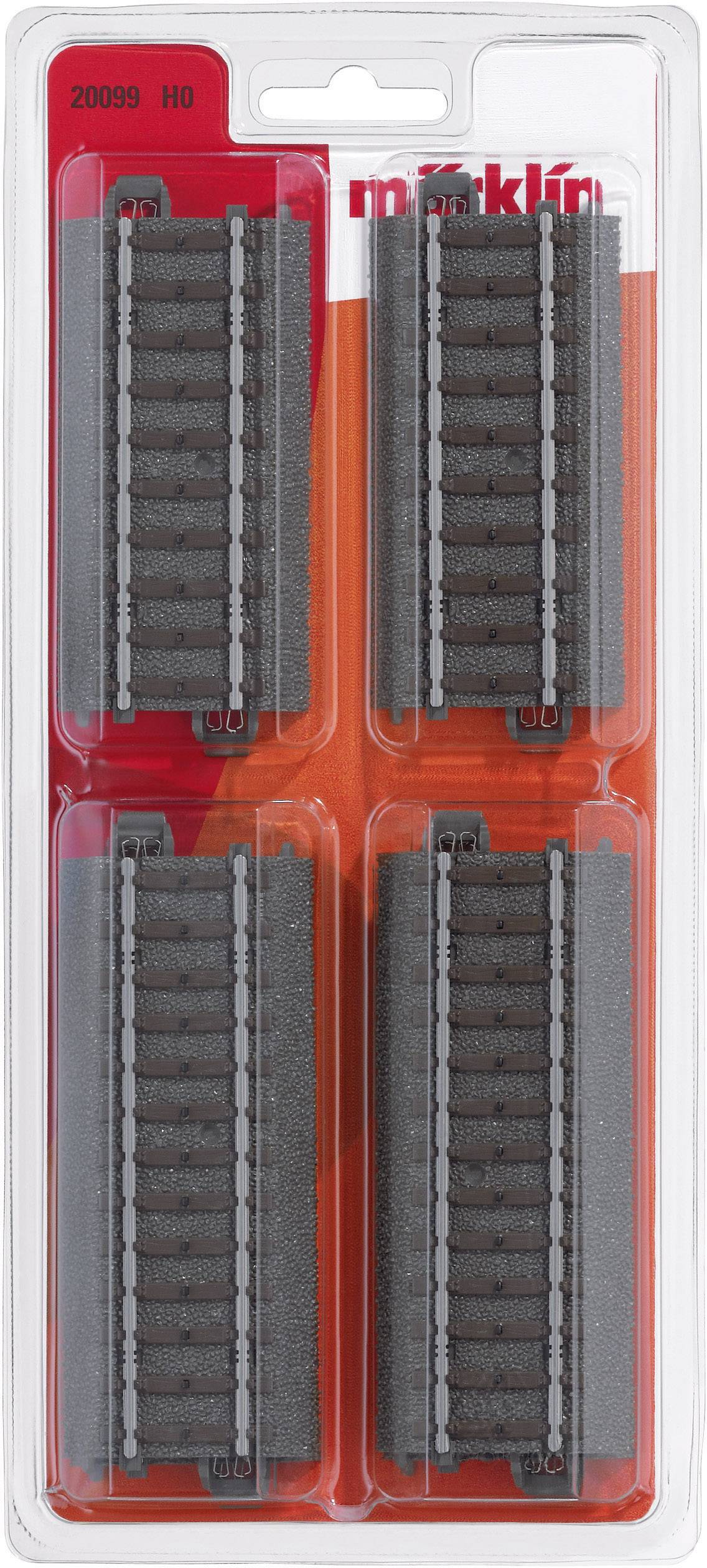 Four model railway tracks in a package, marked with '20099 H0'. Manufacturer: Märklin. Suitable for H0 scale.