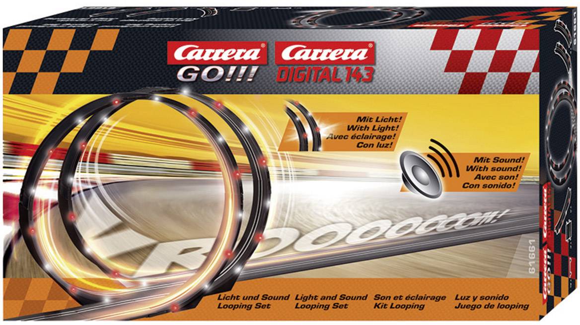 'Carrera GO!!! Digital 1:43' packaging shows a slot car racing track with a loop, light and sound effects. The front side emphasises the dynamic action.