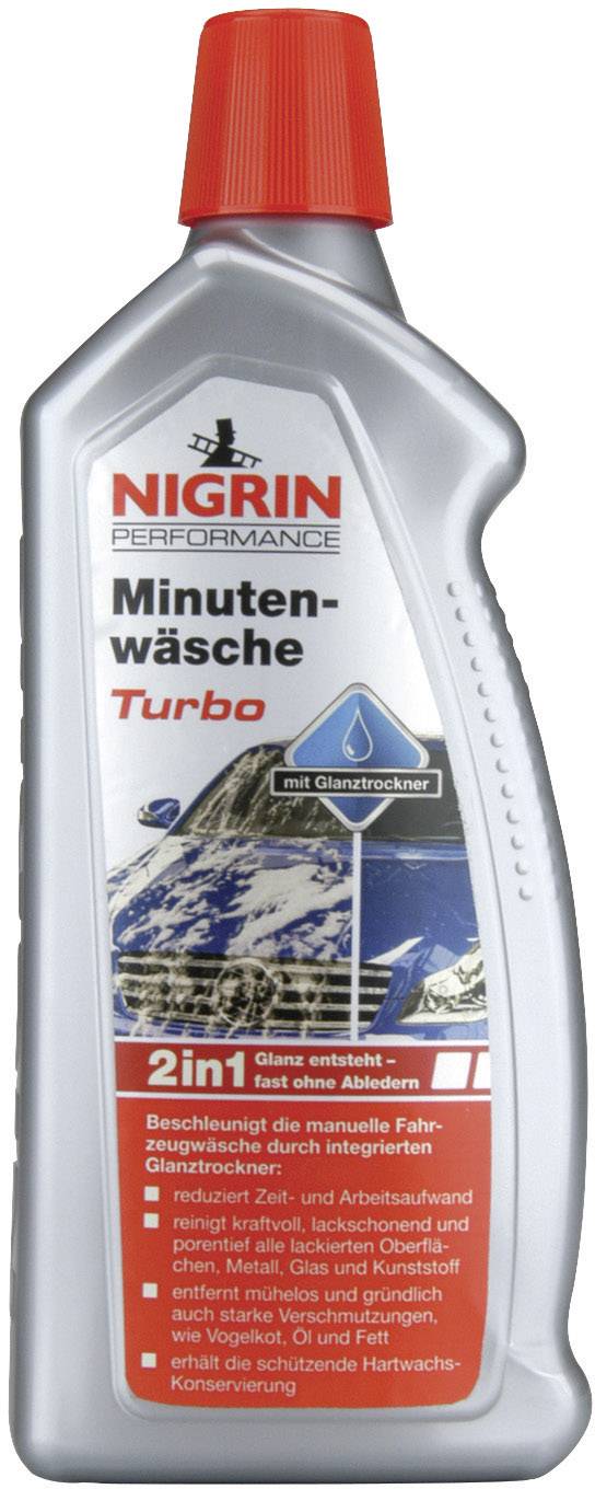 A bottle of 'NIGRIN Minute Wash Turbo', a cleaning product for cars with rapid gloss drying, suitable for car washing.