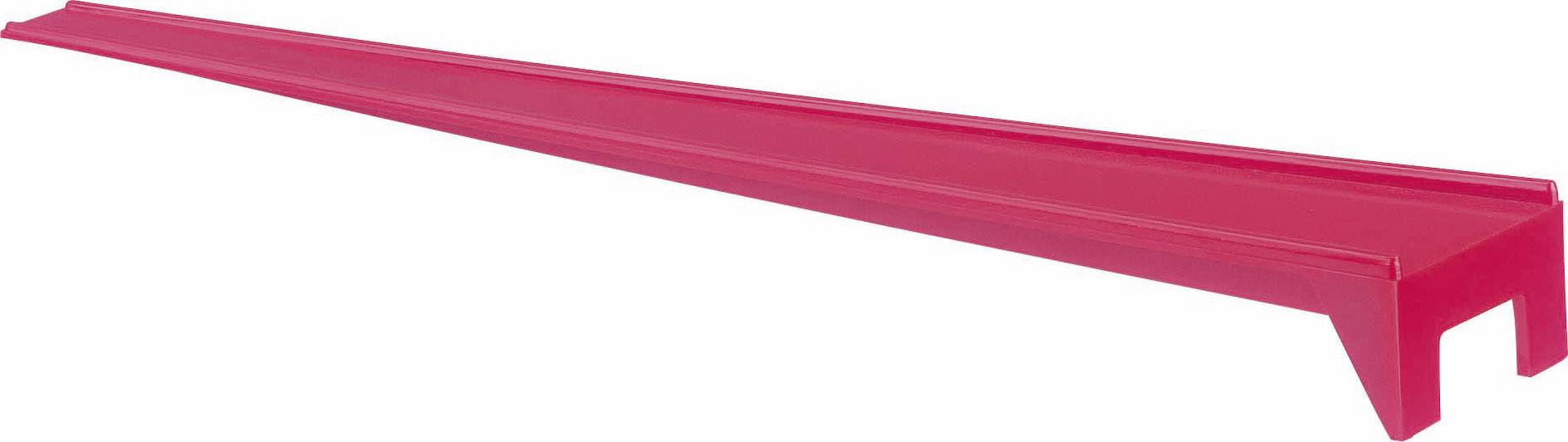 Red architectural model of a steel beam construction, simple design, depicted perspectively from end to end.