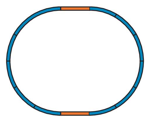 An oval racing circuit plan shows two orange straight sections connected by blue curves.