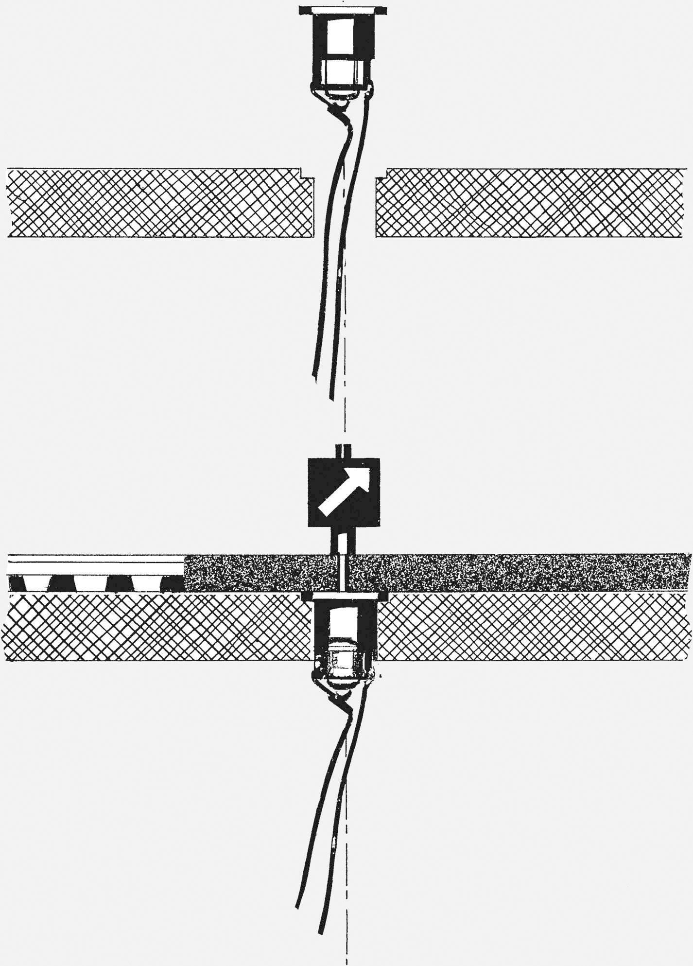 Technical drawing showing two views of an electrical connection through a wall. Top view without a back box, bottom view with an integrated rectangular back box.