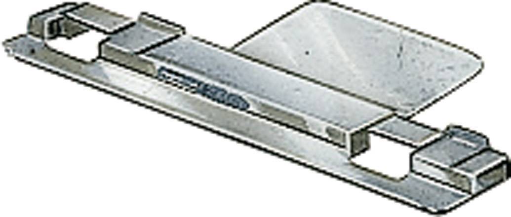 A silver metal file clip for holding punched paper.