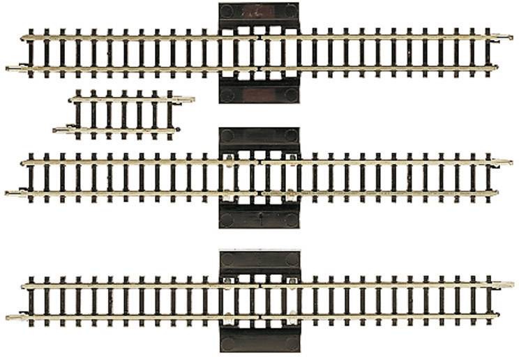 Four railway track sections of varying sizes are laid parallel on a white background.