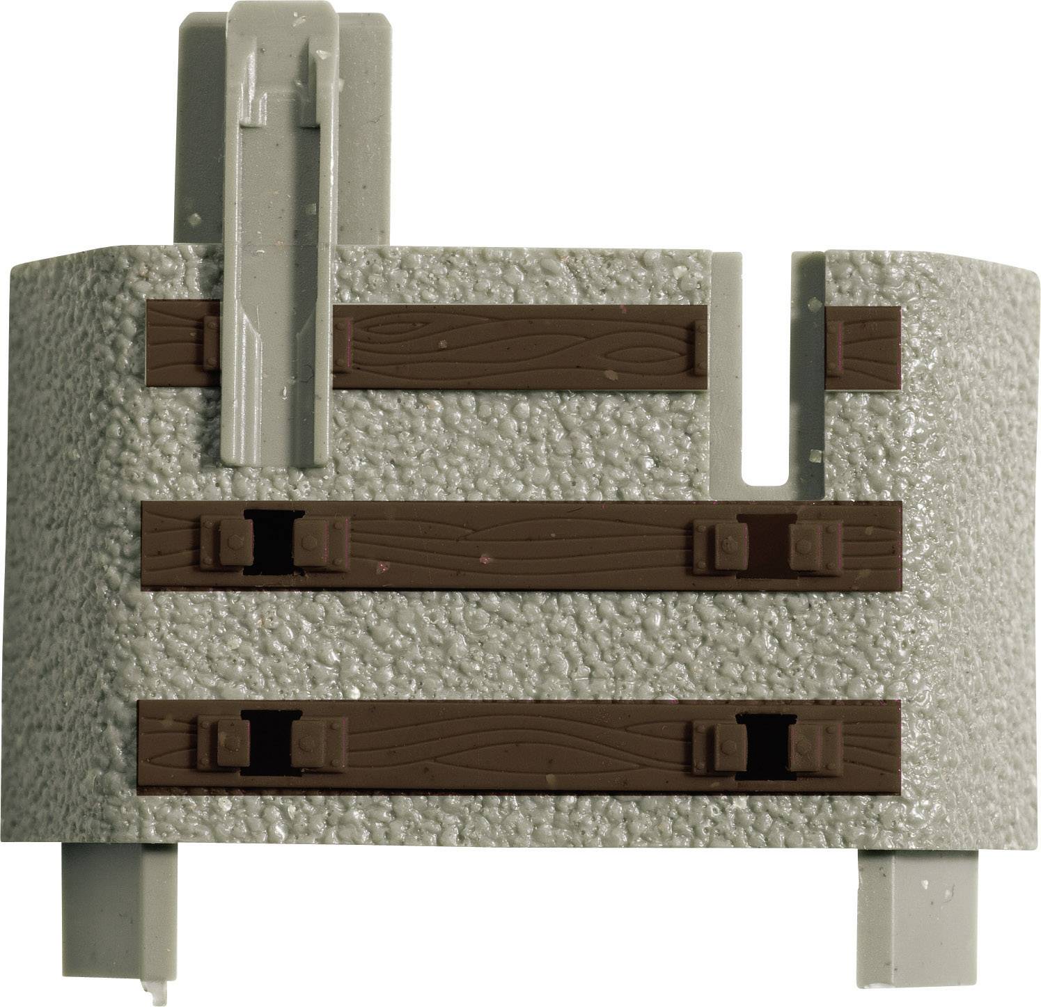 Grey model railway accessory with brown wood grain and insertion option for model railway tracks, suitable as a track terminus.