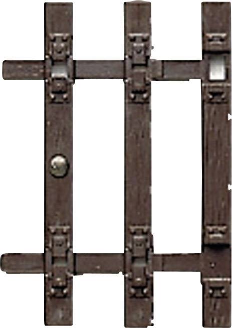 Brown wooden gate with metal hinges and a knob in the centre, closed and vertically positioned.