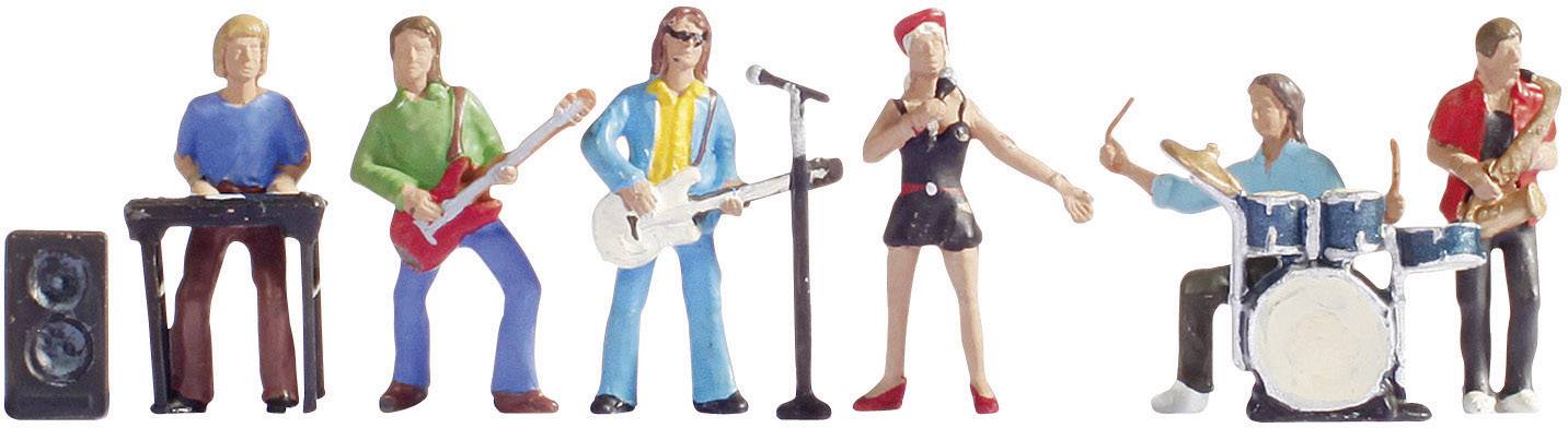 Six miniature figurines in the form of a band. A keyboard player, two guitarists, a lead singer, a drummer, and a saxophonist.