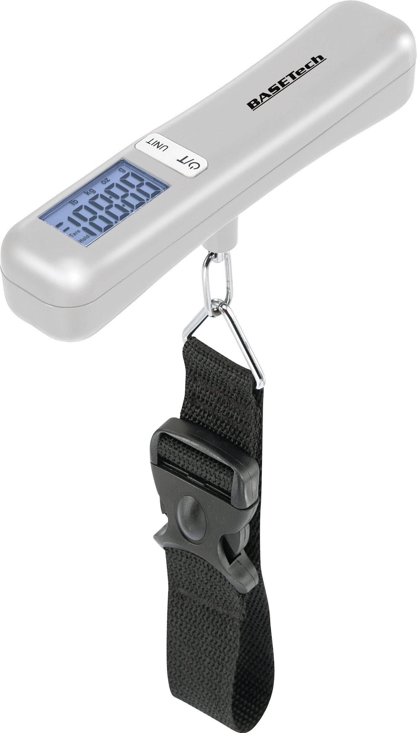 Electronic luggage scales with display, showing weight in kilograms. Black strap with buckle for securing bags.