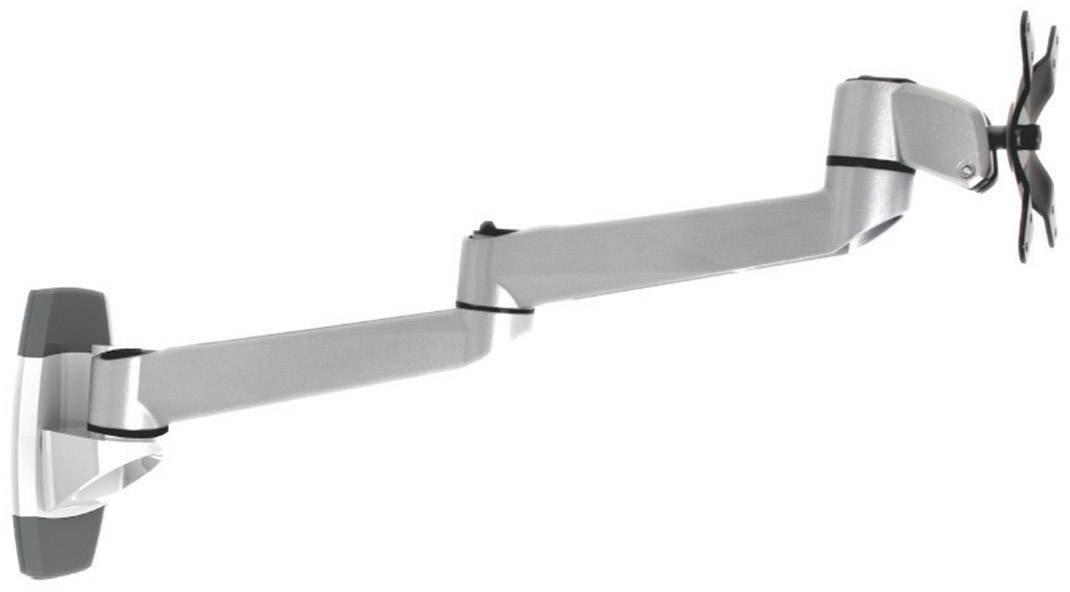 A silver, adjustable monitor arm with wall mount, suitable for the ergonomic positioning of screens on a desk.