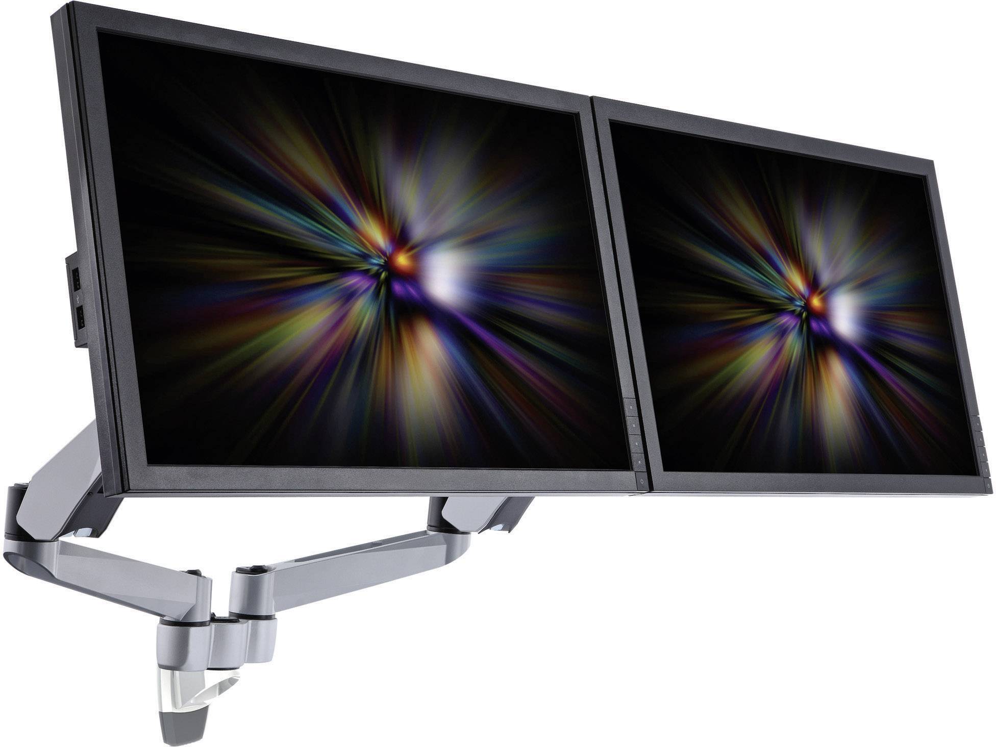 Two side-by-side mounted monitors displaying an identical, radiant light pattern in dark colours, on a shared stand.