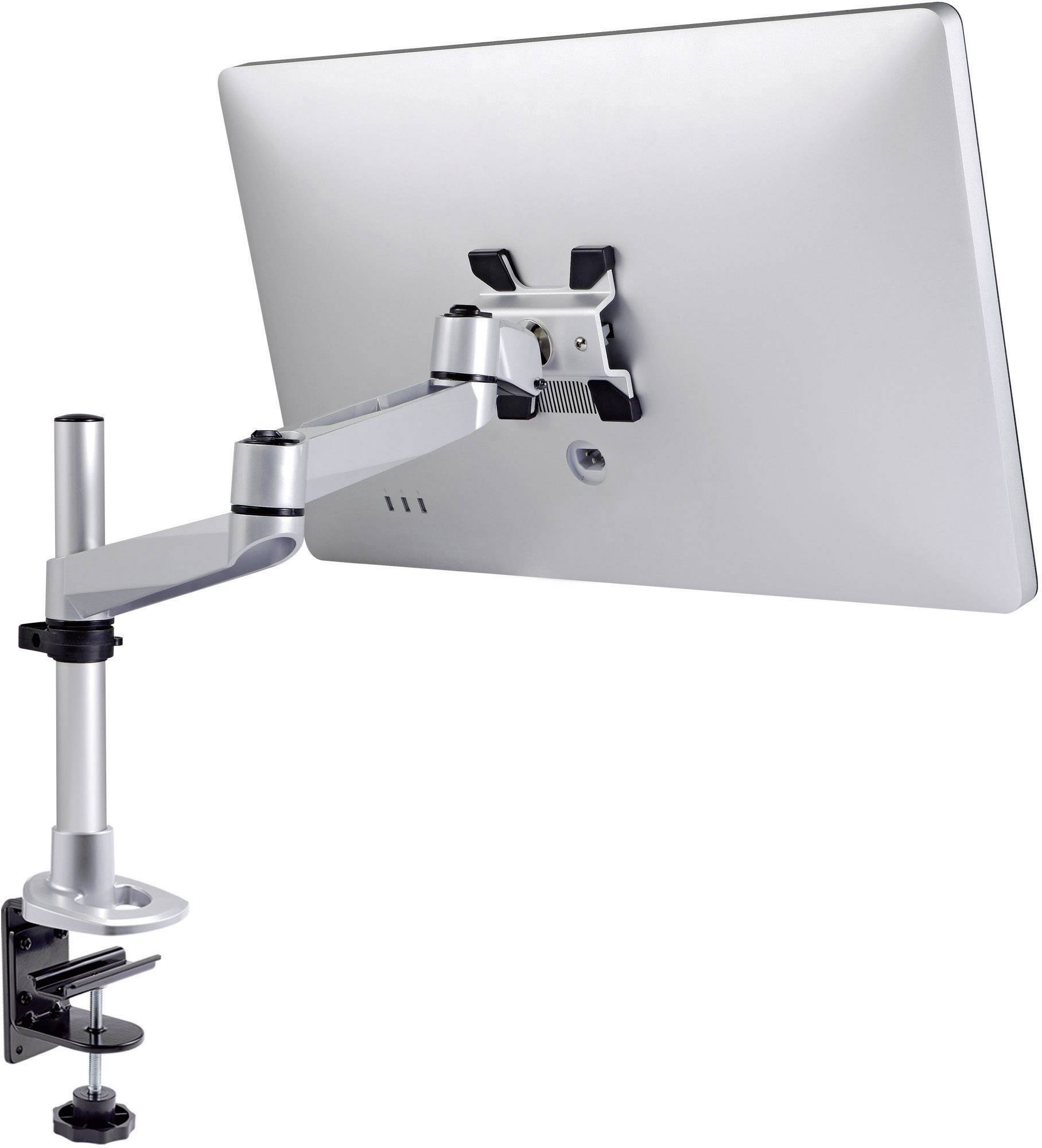 A height-adjustable metal monitor arm, attached to a desk edge, holds a large flat screen in an ergonomic position.