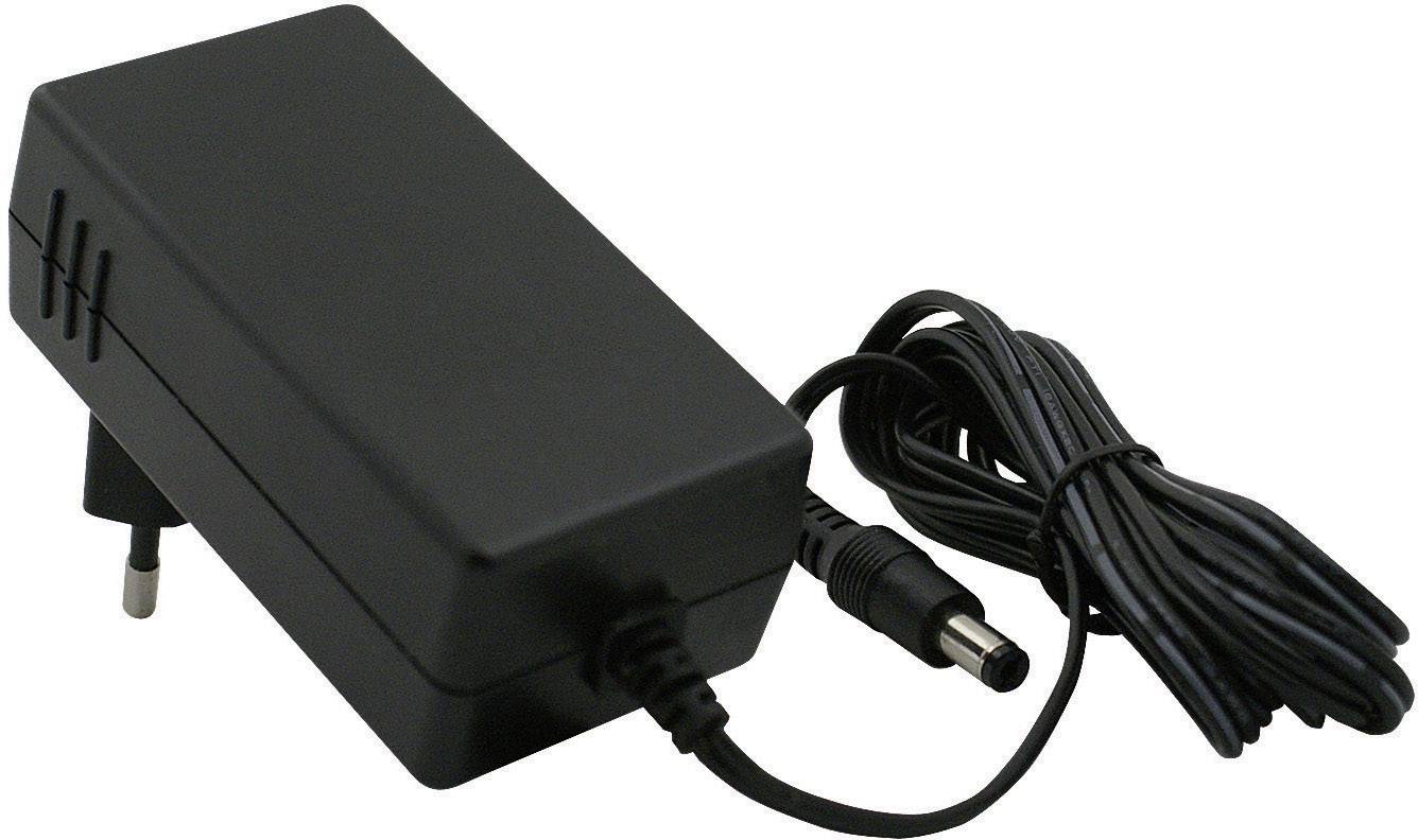 Black power supply with two-pin plug and long, coiled cable, suitable for electronic devices.